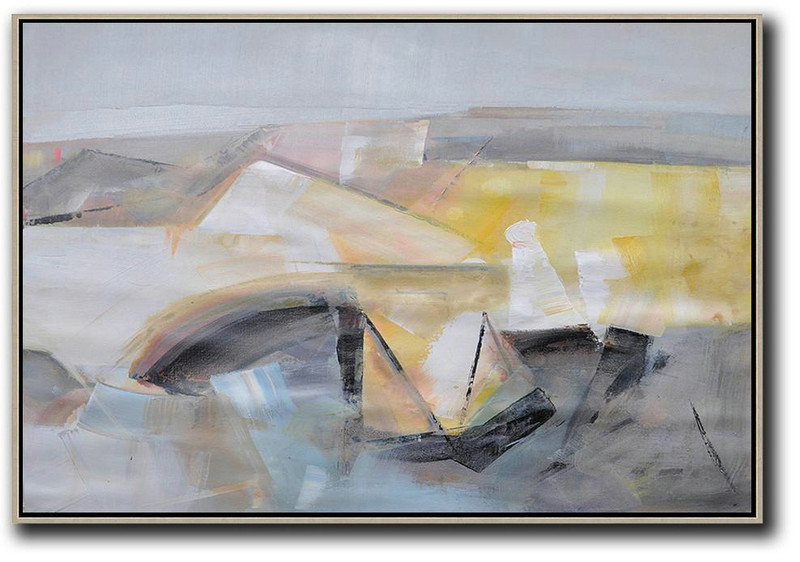 Large Abstract Art Handmade Painting,Horizontal Palette Knife Contemporary Art,Big Art Canvas,Grey,Yellow,White,Black.etc